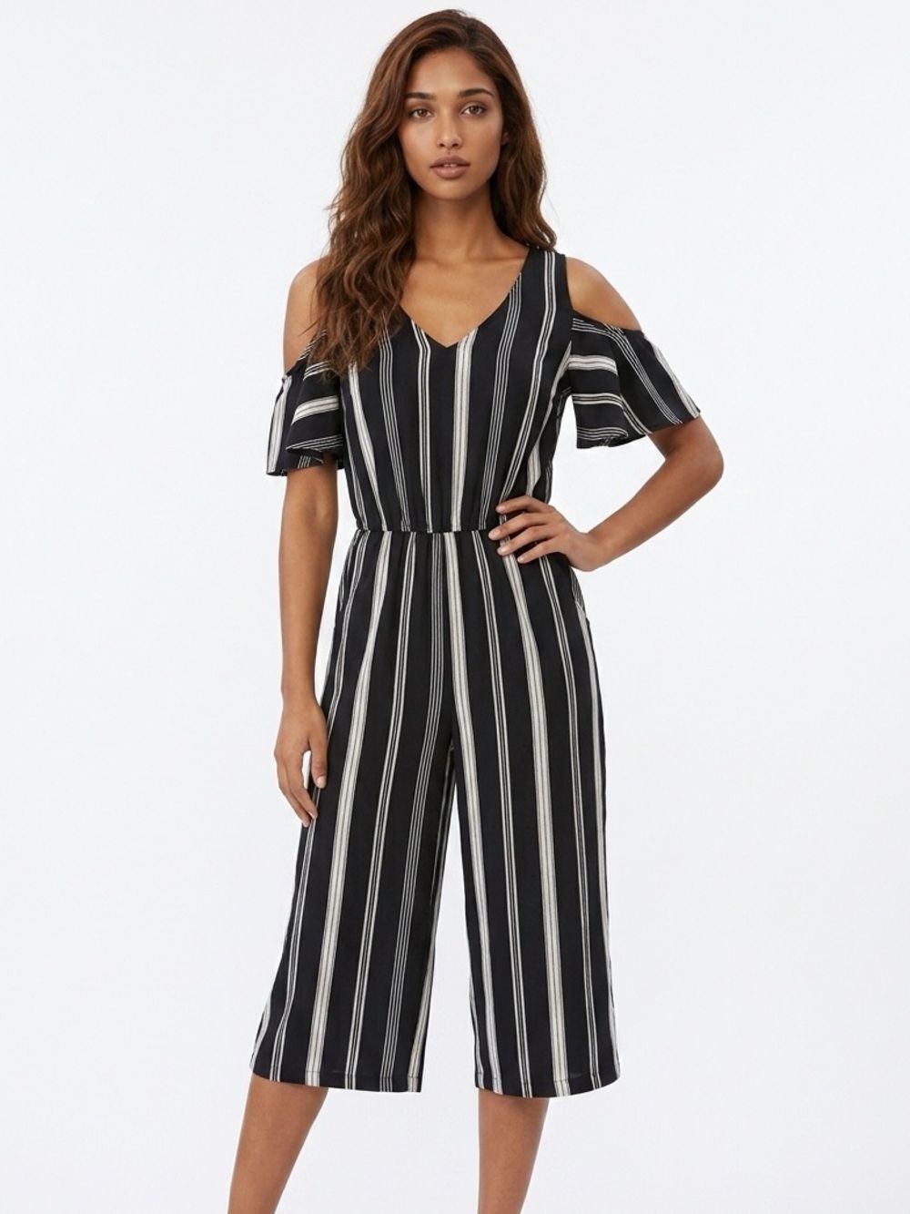 EYESHADOW | Black & Cream Striped Crop Jumpsuit L
